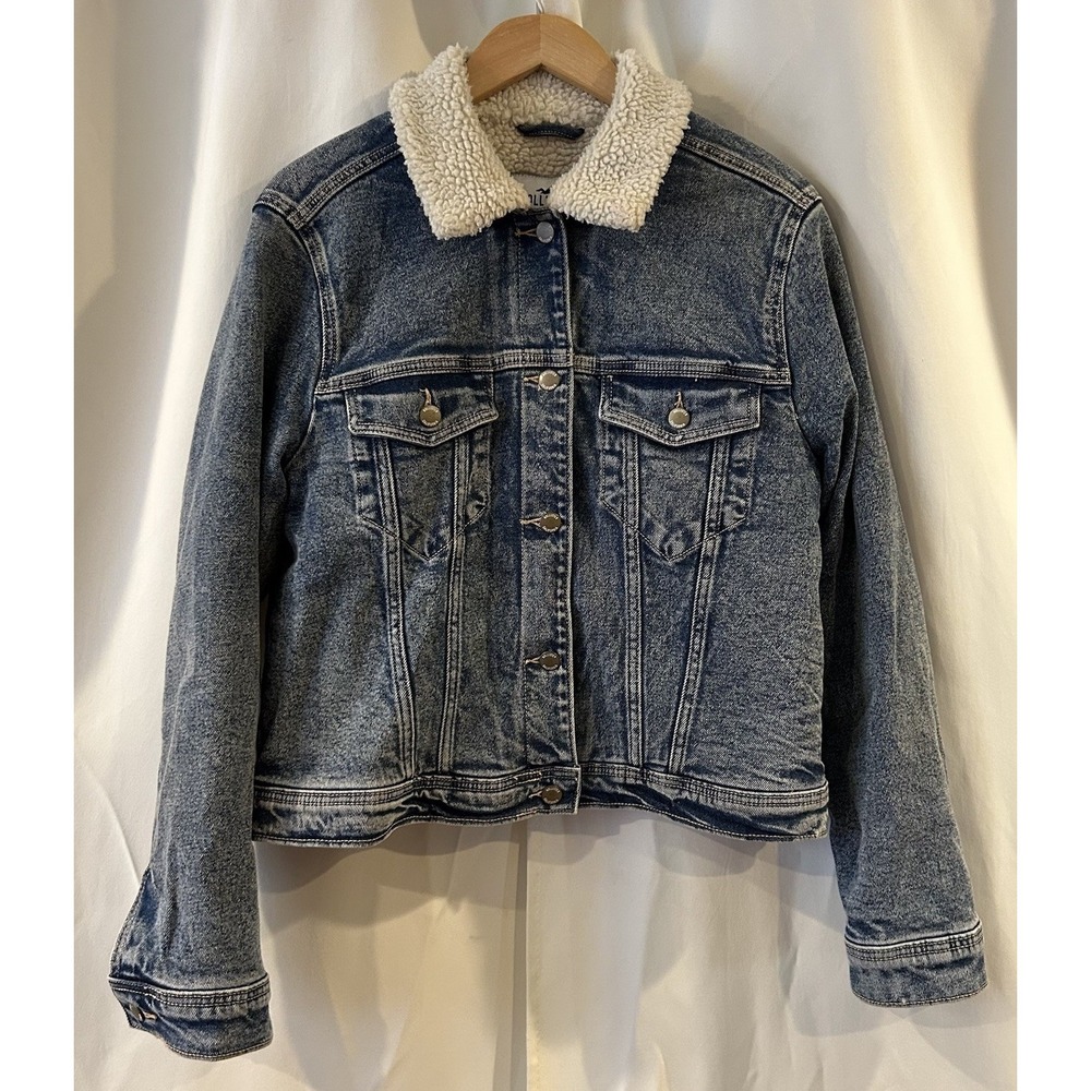 Hollister Denim Jacket Womens Size Large Blue Jean Trucker Sherpa Lined